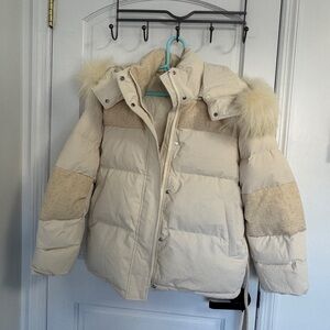 Cream Puffer Jacket with Faux Fur Trim